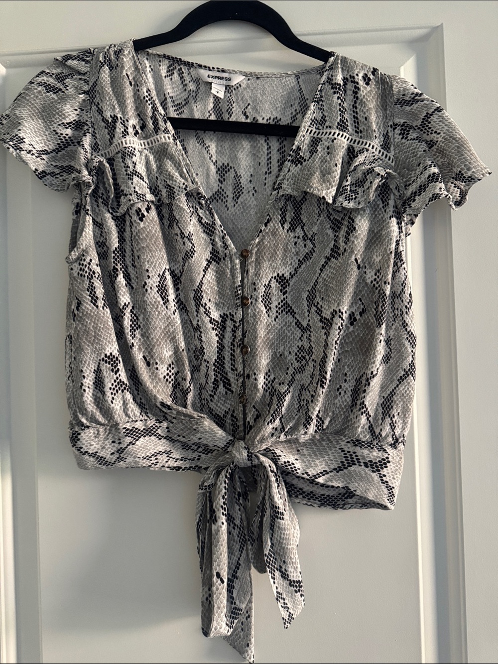 Express Gray Snake-Print Tie-Front Crop Top